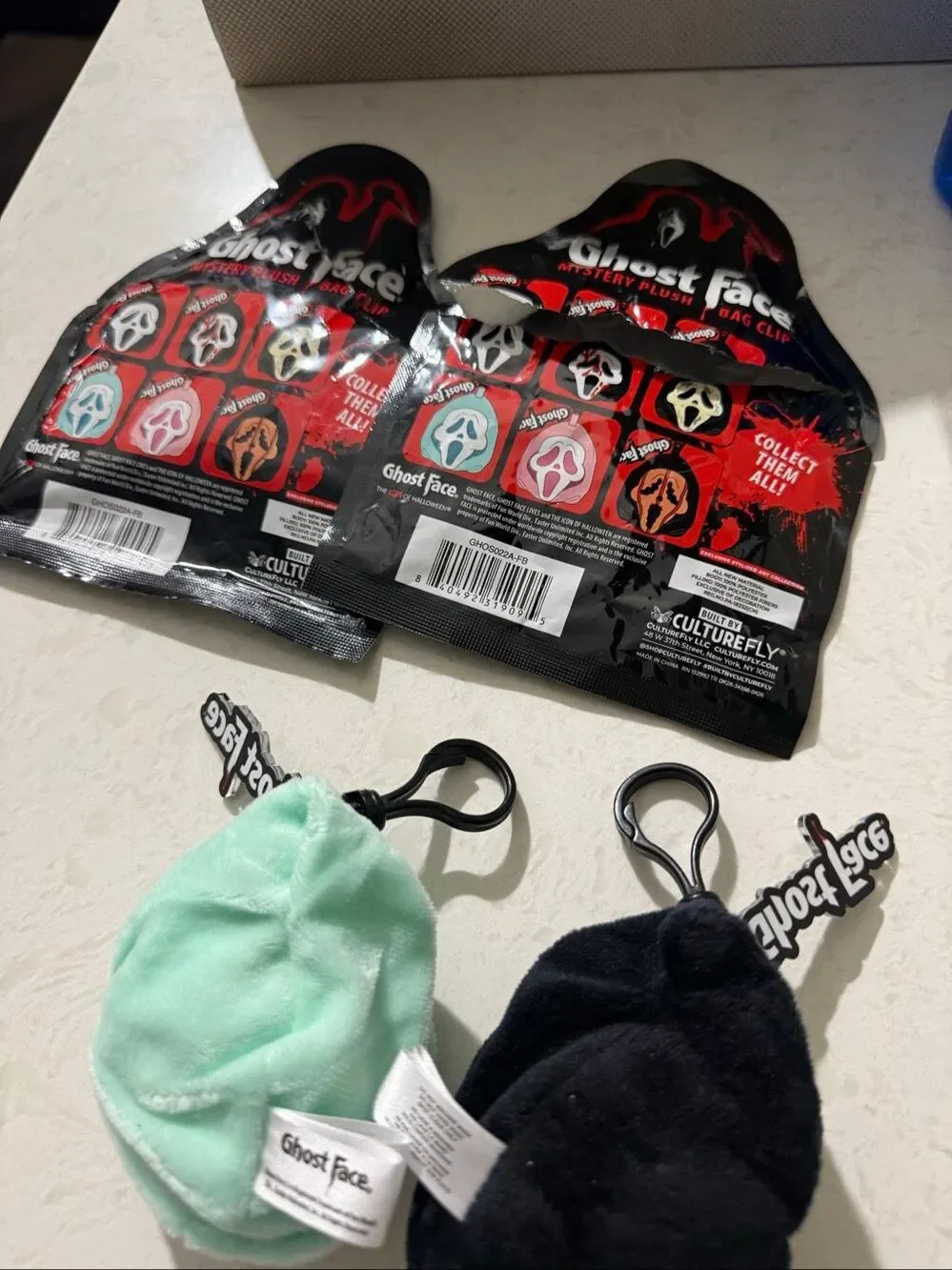 Culture Fly Ghost Face Set of 2 Plush Keychain Heads Blue and Black New